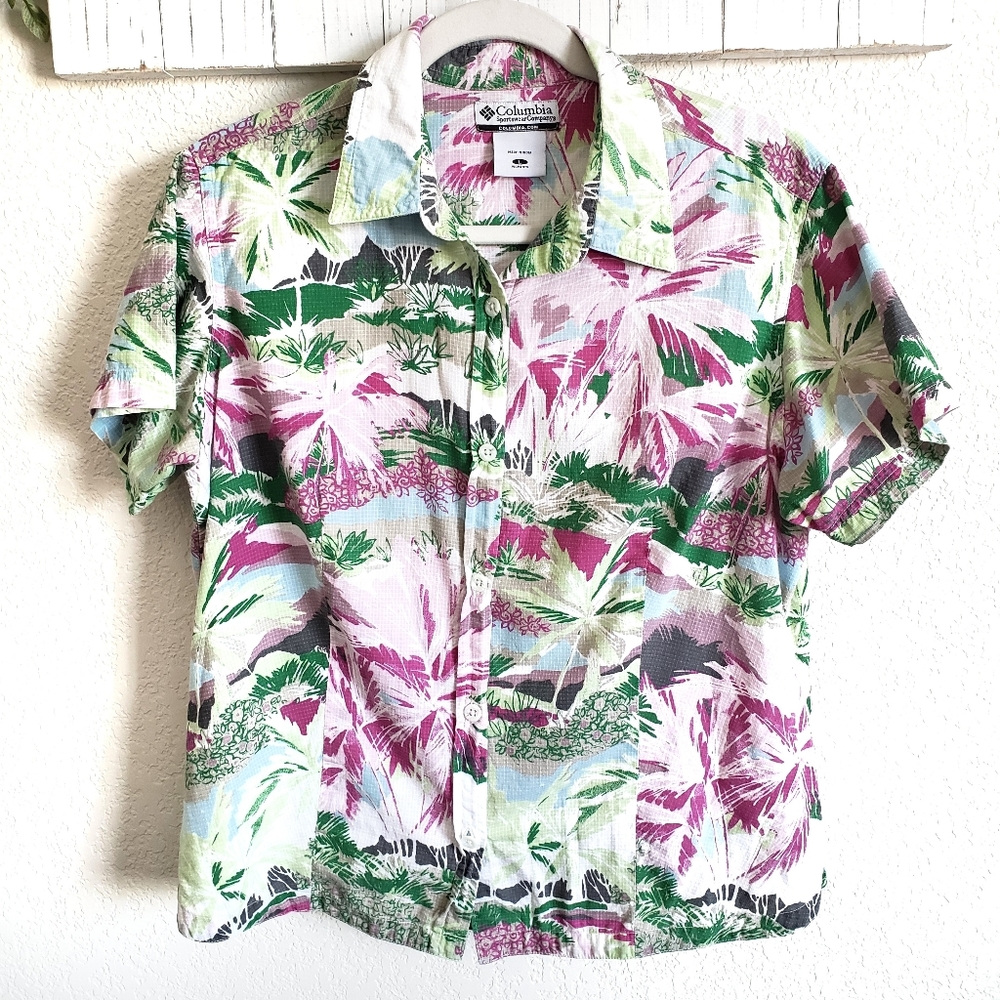 Columbia Womens Tropical Palm Tree Short Sleeve Button Down Shirt Large